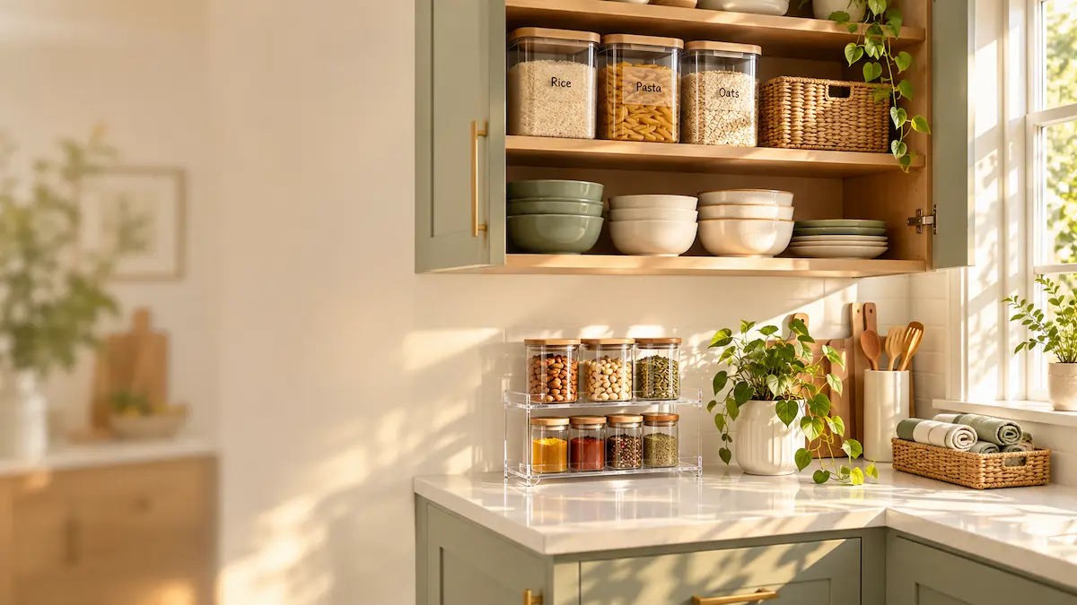 Small kitchen organization ideas with labeled pantry jars, 
spice organizer, and sage green cabinets