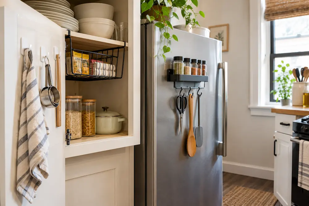 Clip-on shelf basket, magnetic rack, and removable hooks in a small rental kitchen