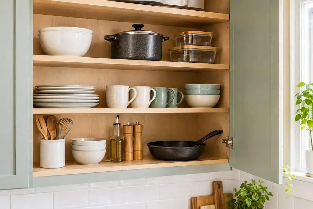 Everyday kitchen items stored at eye level for easy access