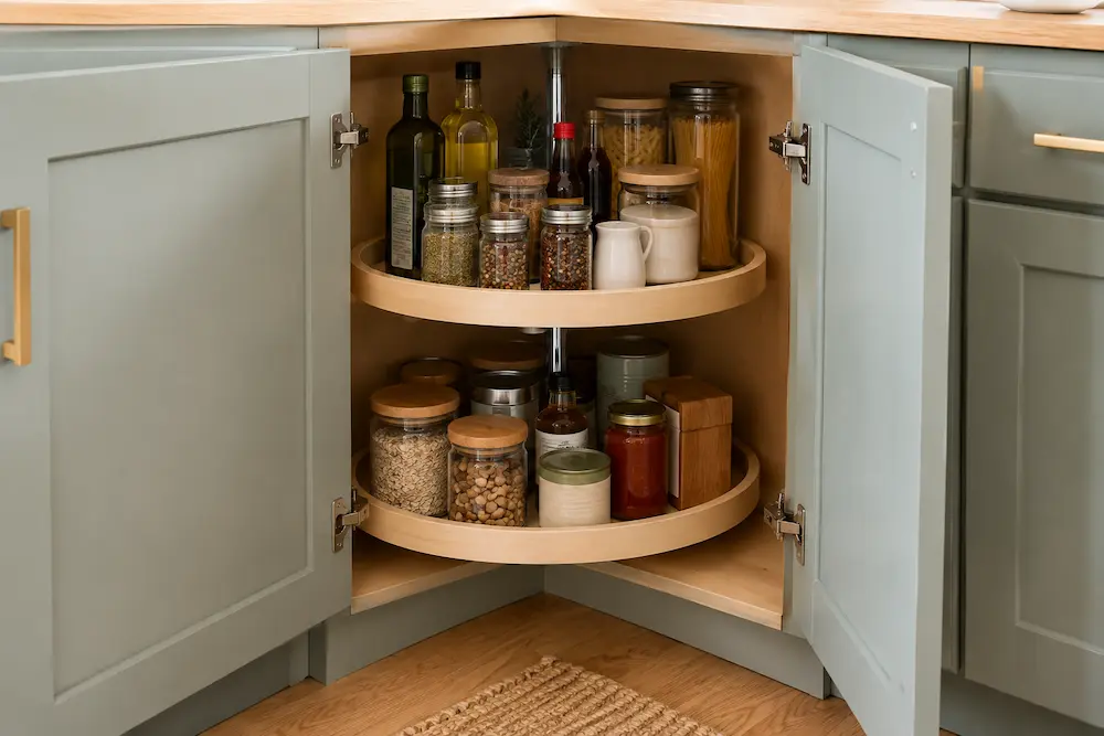 Lazy Susan organizing jars and bottles inside a deep corner kitchen cabinet