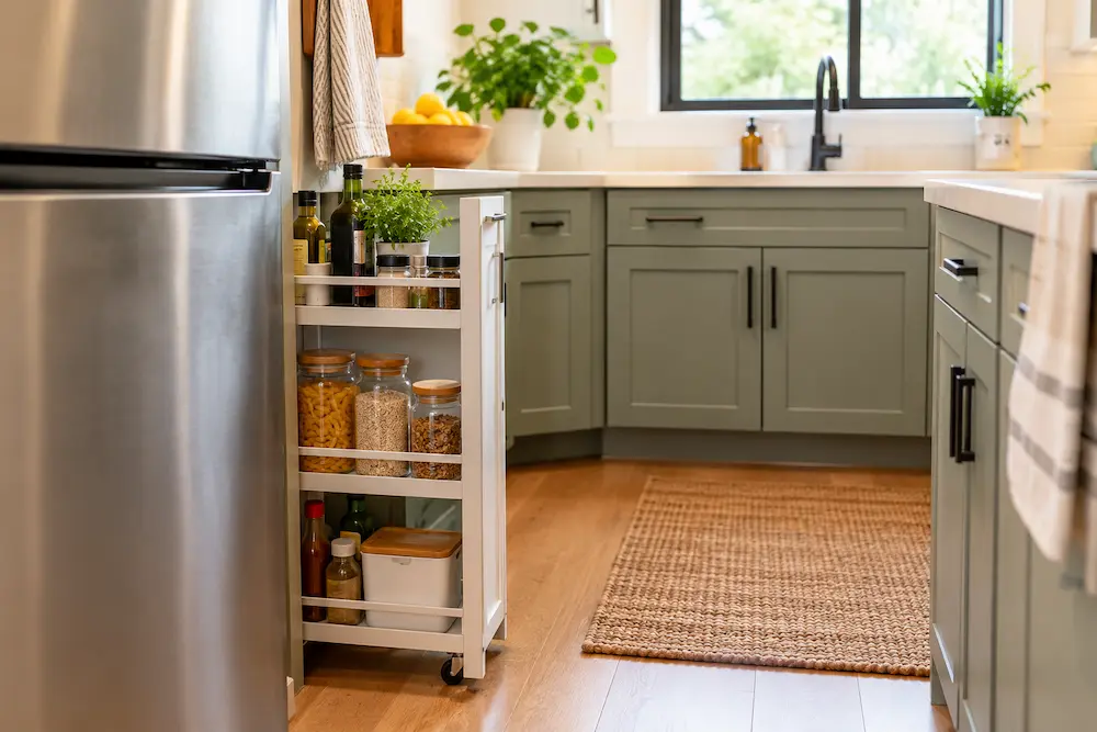 Narrow kitchen gap with pull-out pantry for kitchen storage ideas