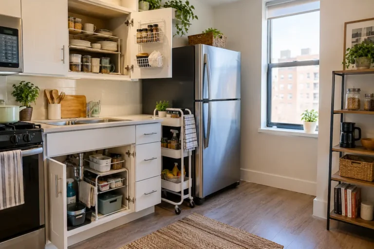 No-drill kitchen storage ideas for renters in a small apartment kitchen