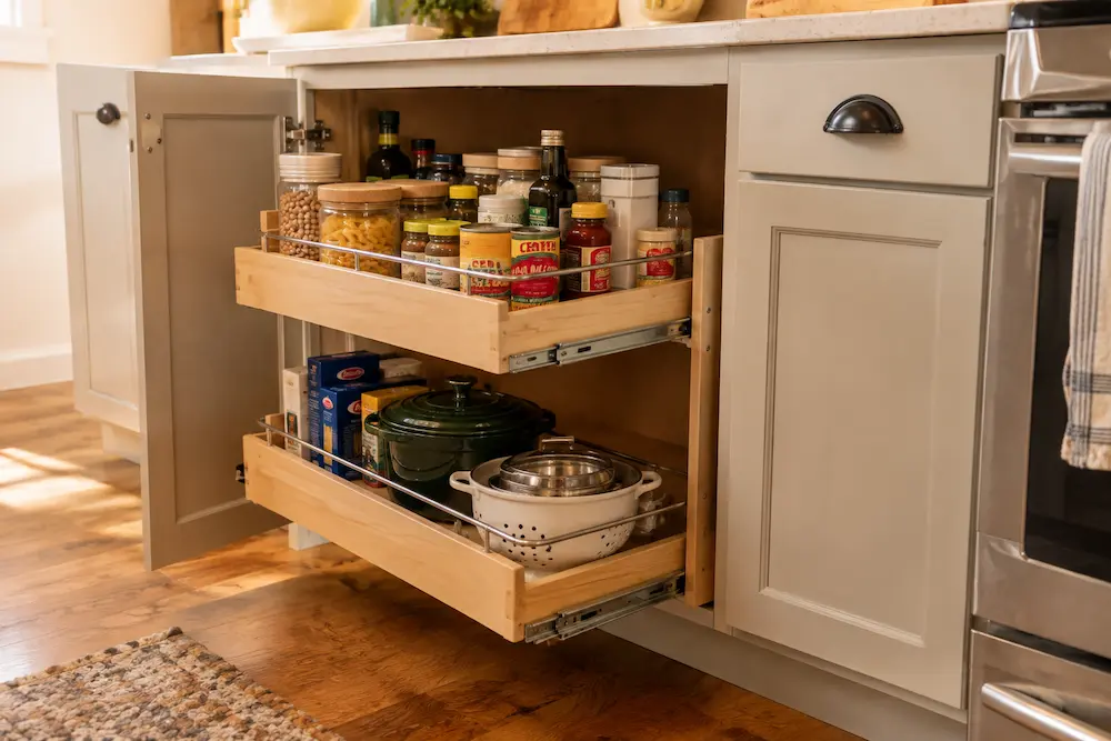 Pull-out organizer in a deep kitchen cabinet