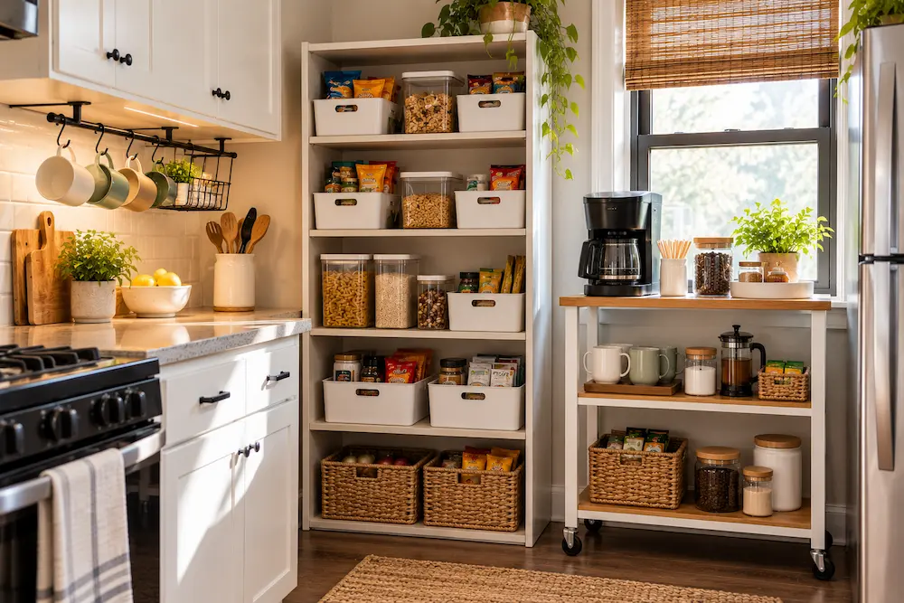 Pantry bins and a compact rolling coffee station in a small rental kitchen