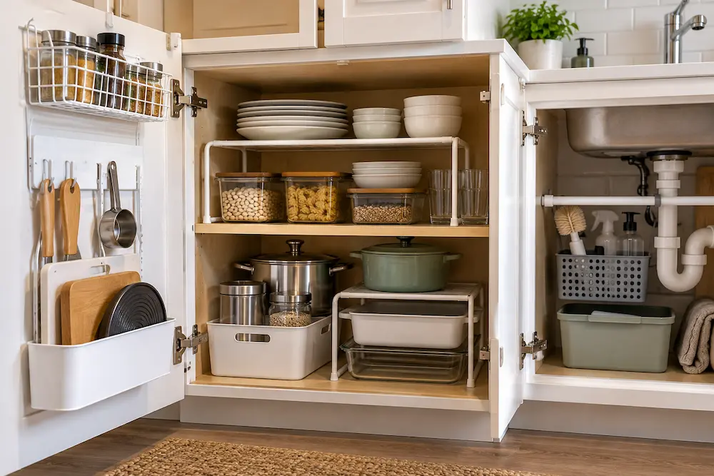 Shelf riser and over-cabinet basket organizing a rental kitchen cabinet