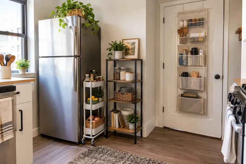 Slim rolling cart and freestanding shelf in a small apartment kitchen