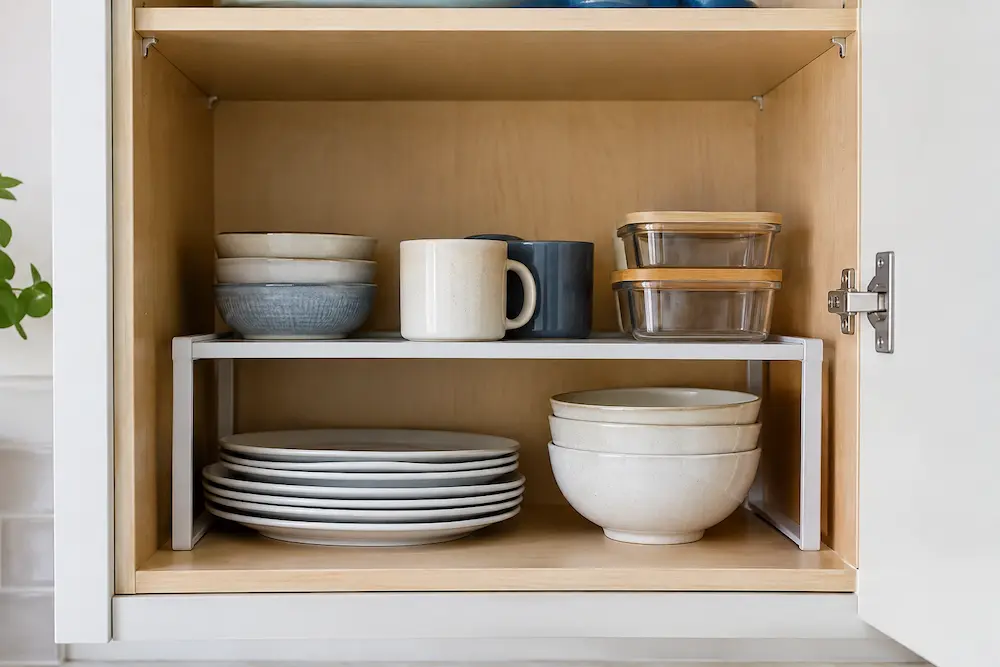 Small kitchen organization ideas with a cabinet shelf riser