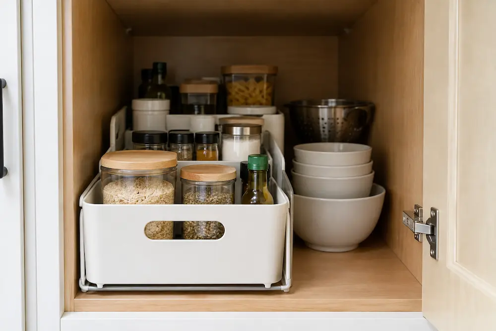 Deep kitchen cabinet organized so stored items are easier to see and reach