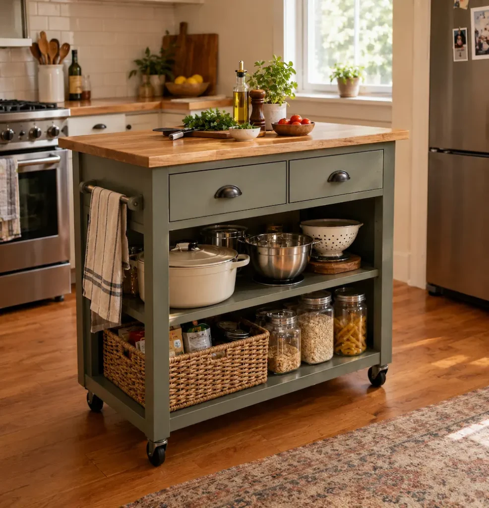 Small kitchen island cart with storage shelves and drawers