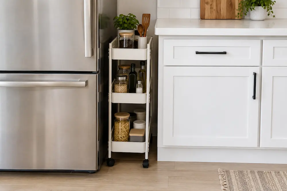 Slim rolling cart using a narrow gap beside a refrigerator for kitchen storage