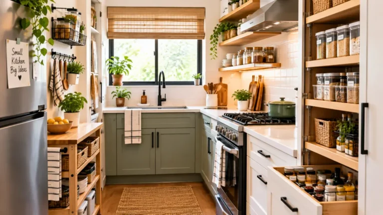 Small kitchen with smart storage ideas and organized cabinets