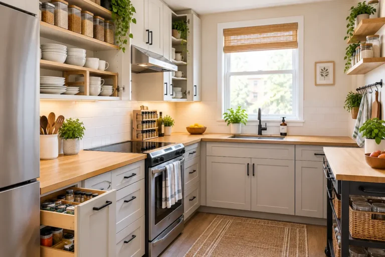 small kitchen organization with organized cabinets and clear countertop