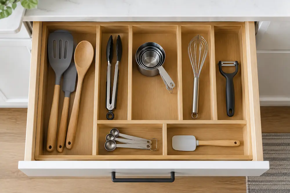 Organized small kitchen drawer with separate sections for cooking utensils
