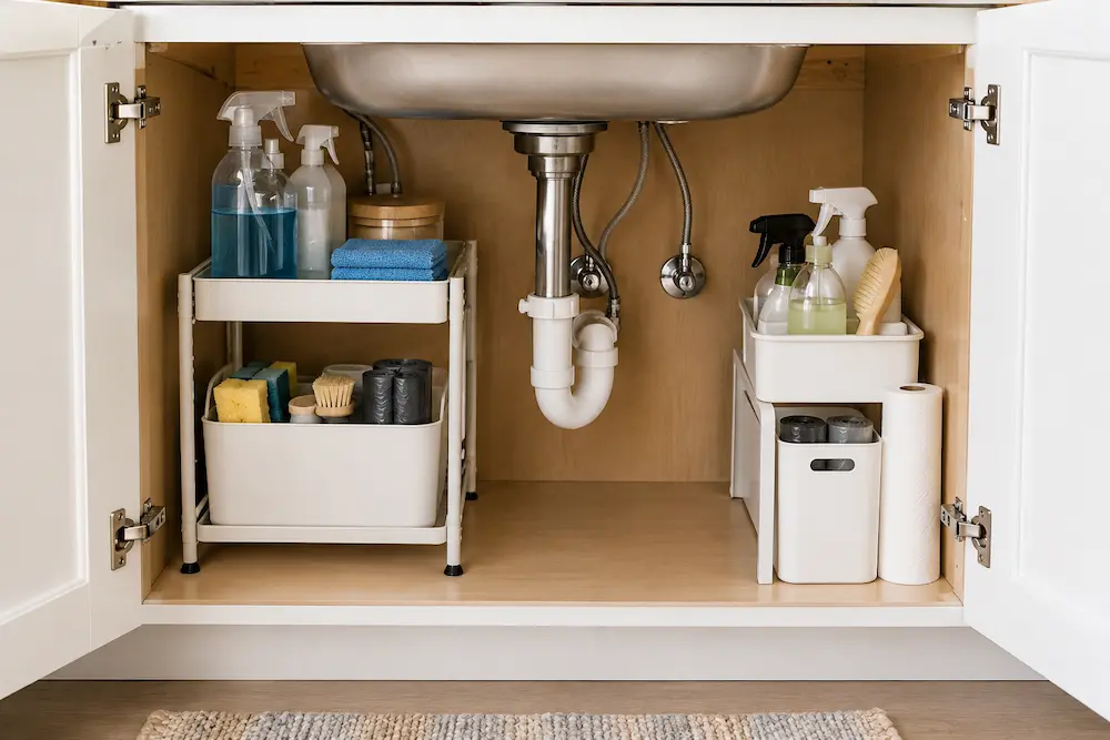 Organized under-sink kitchen cabinet with storage around visible plumbing