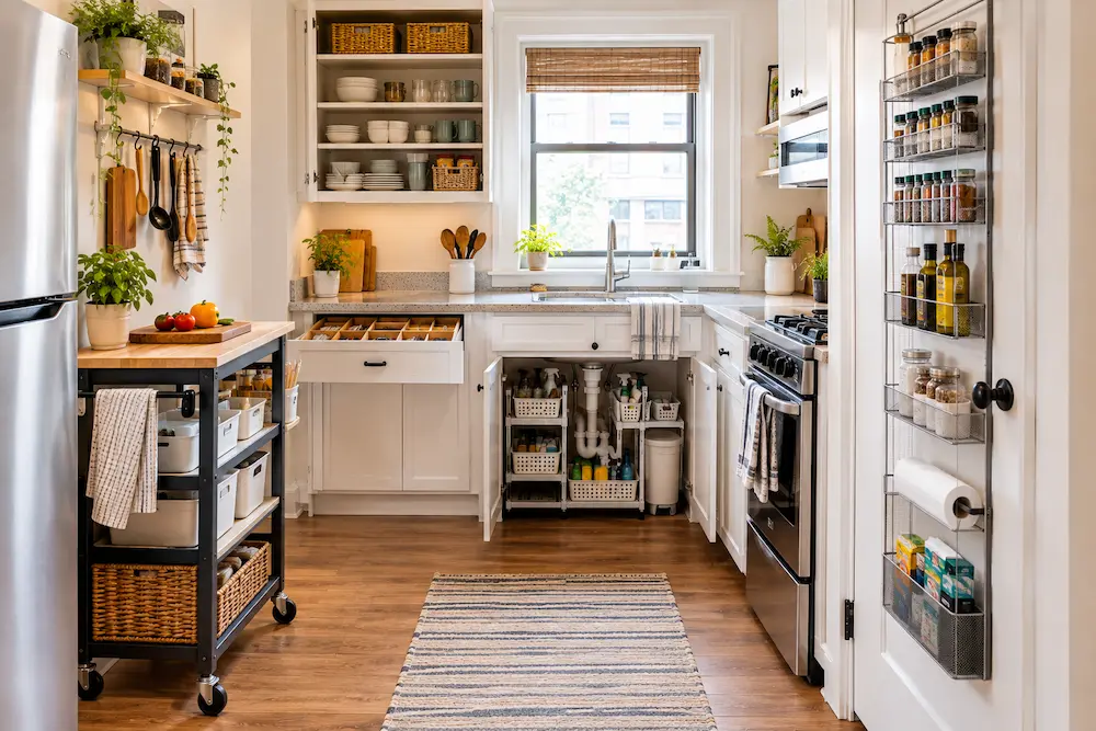 Organized small rental kitchen with a rolling cart, cabinet storage, and removable organizers