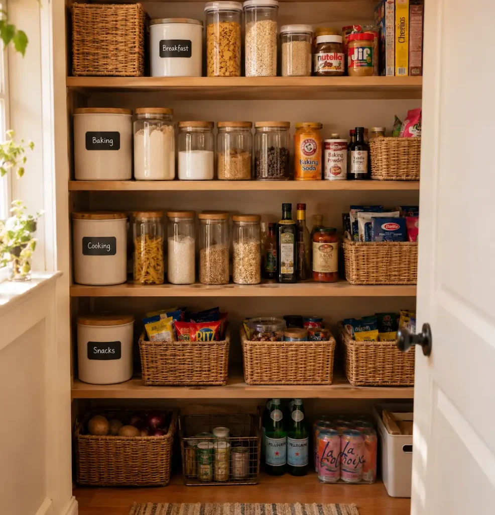 Organized pantry with food stored by category