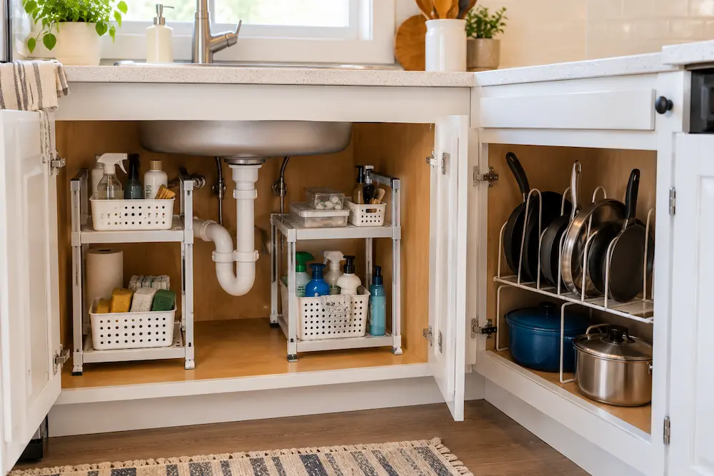 Freestanding under-sink organizer and vertical cookware rack in a rental kitchen
