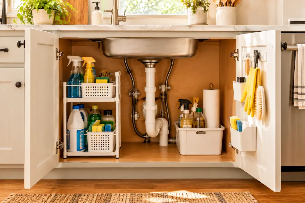 Organized under sink kitchen storage with cleaning supplies