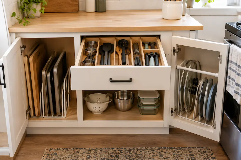Vertical cutting board storage, drawer organizer, and tension rod inside a small kitchen