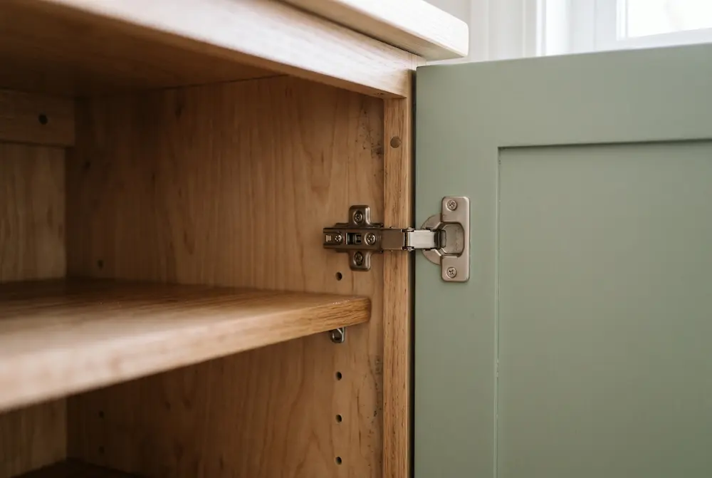 Close-up of a cabinet hinge and shelf pins that reduce the usable space inside a kitchen base cabinet