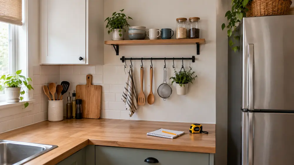 Planning wall storage around kitchen cabinets and counter space