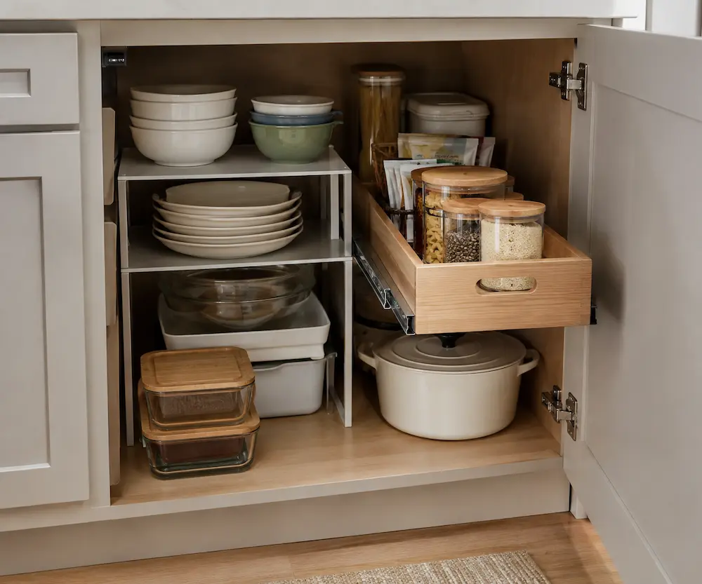 Deep kitchen cabinet organized with a shelf riser and pull-out storage