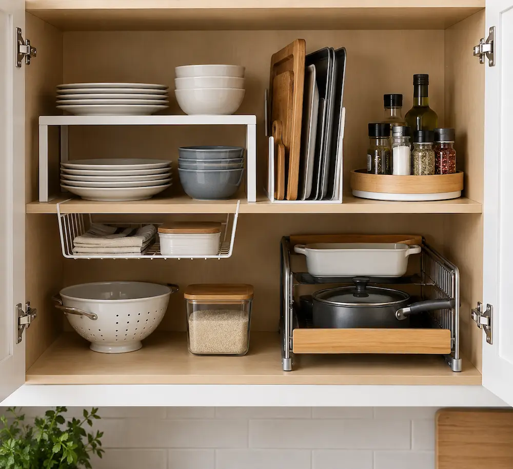 Kitchen cabinet organizers including shelf riser, dividers, turntable, basket, and pull-out storage