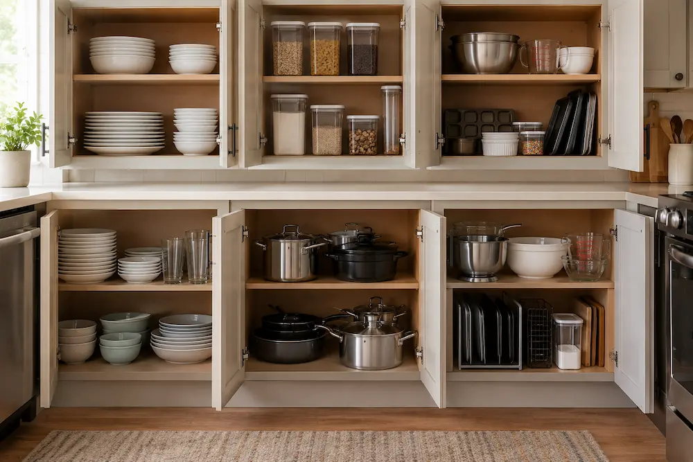 Kitchen cabinets organized into practical cooking, dish, food storage, and baking zones