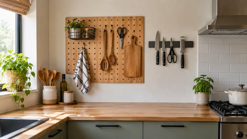 Kitchen pegboard and magnetic wall storage for utensils