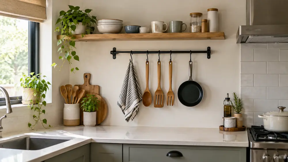Floating shelf and wall rail used for kitchen storage