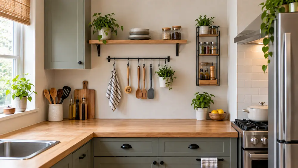 Organized kitchen wall storage with shelves, hooks, and narrow organizers
