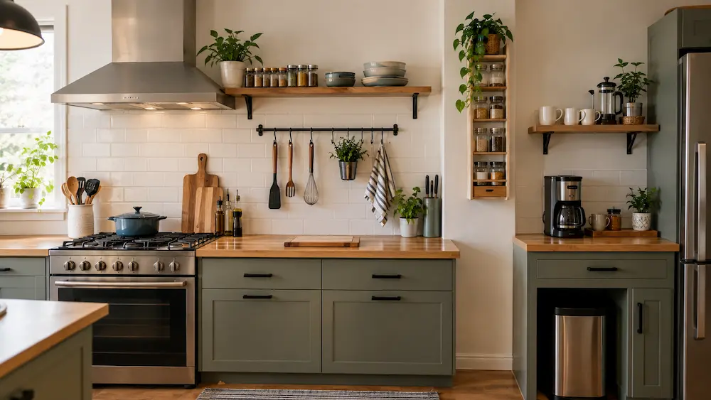 Kitchen wall storage organized around cooking and preparation zones