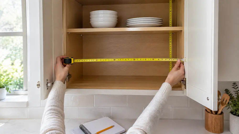 Kitchen cabinet being measured before choosing storage organizers
