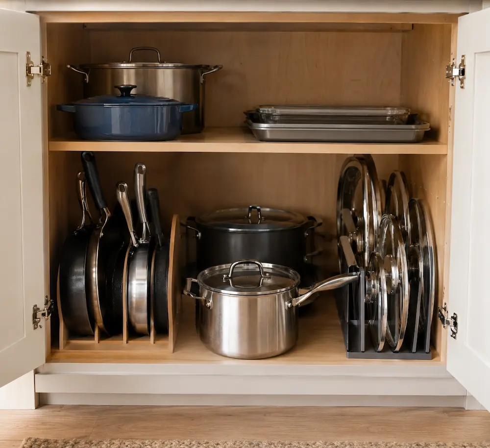 Kitchen cabinet with pots, pans, and lids organized for easy access