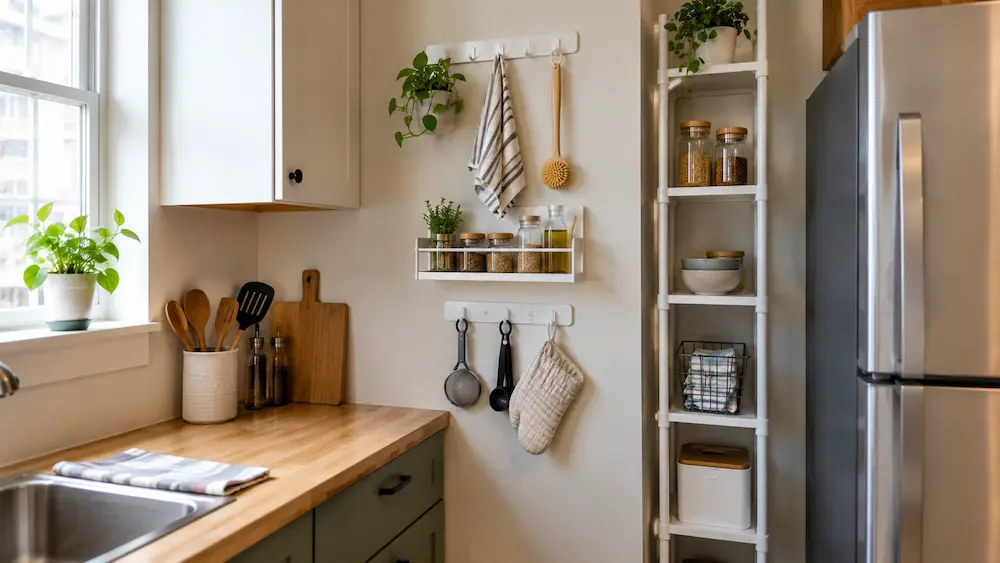 Renter-friendly kitchen wall storage with lightweight removable organizers