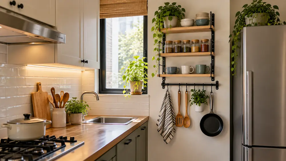 Small kitchen using narrow wall shelves and hooks for storage