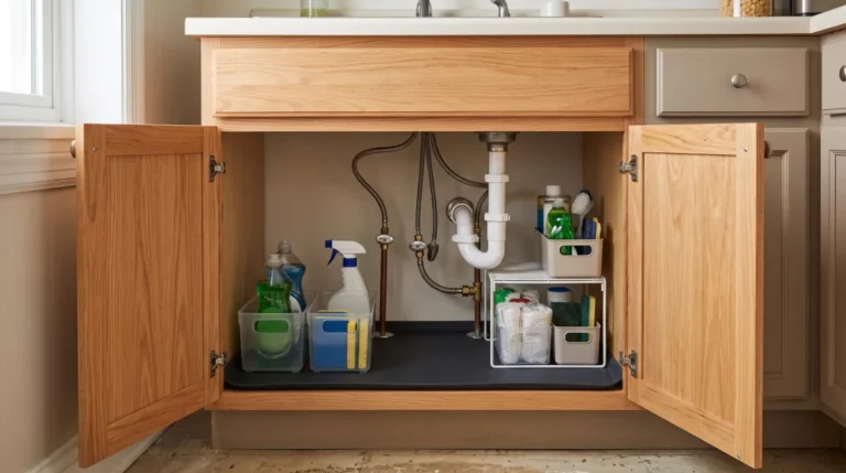 Under kitchen sink organization ideas with removable bins around visible plumbing