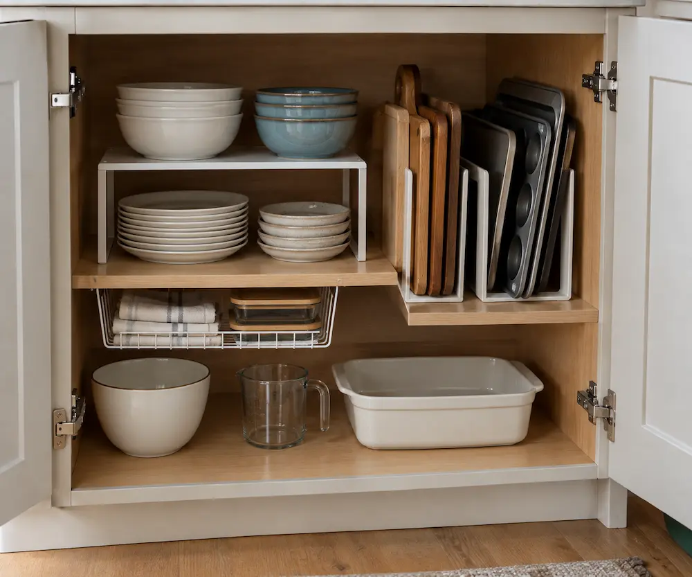 Kitchen cabinet using shelf risers, vertical dividers, and an under-shelf basket
